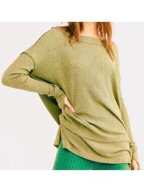 Free People The North Shore Waffle Knit Long Sleeve Tunic in Lime Green, Large